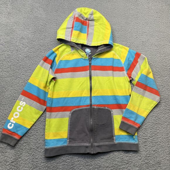 Crocs Full Zip Sweater Boys 10 Yellow Striped Blue Green Hoodie Sweatshirt - Picture 1 of 16